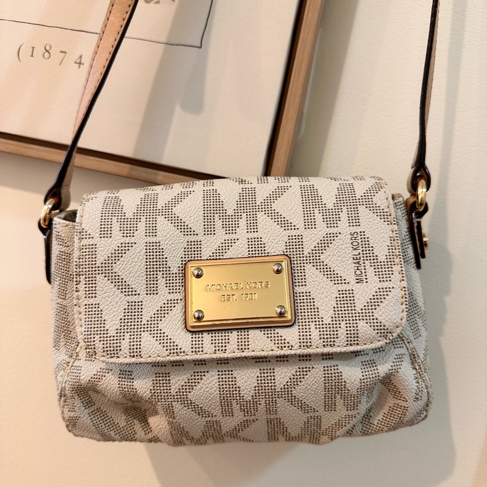 Michael Kors Beige and Gold Logo Crossbody Bag